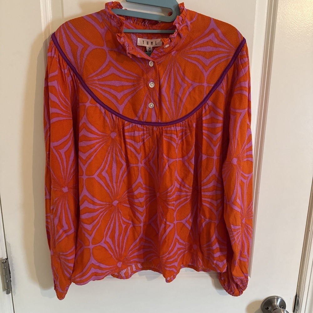 THML Floral Fever Orange & Pink Flowy Top Shirt Size XS Boho NWT